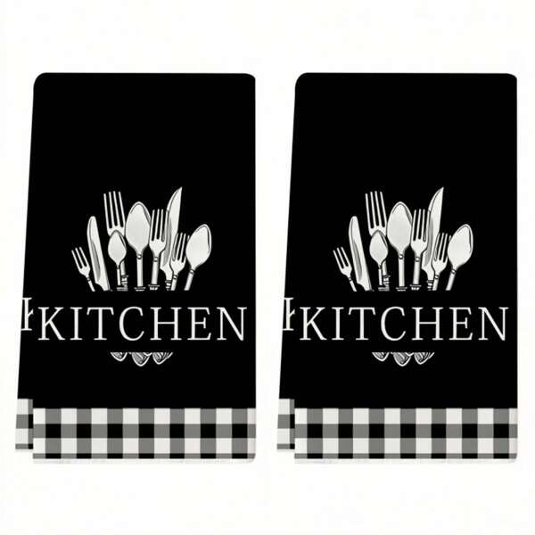 2/4pcs, Spoon & Fork Pattern Kitchen Towels, Soft & Absorbent, Reusable, Suitable For Home Kitchen Cleaning, Housewarming Home Decor Gift, Kitchen Accessories.