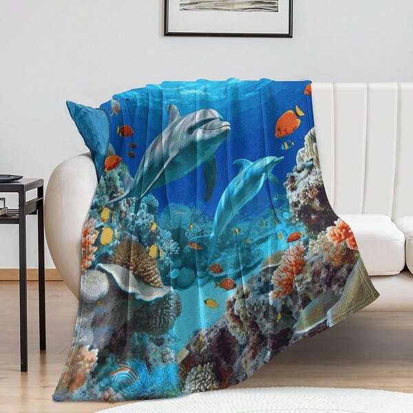 Coral Fish Dolphins Flannel Blanket Lightweight Fleece Throw Warm Winter Throw Blanket Plush Fluffy Large All Season Flannel Blankets Home Decor For Sofa Couch Bedding 40"*50" (100 * 130cm)